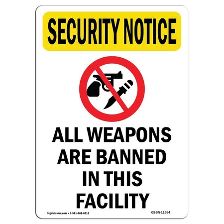 SIGNMISSION OSHA Security Sign, 14" Height, Rigid Plastic, All Weapons Are Banned, Portrait OS-SN-P-1014-V-11694